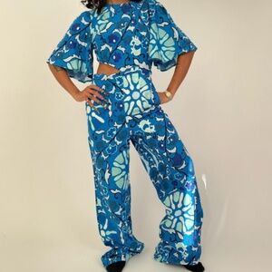 RHODE x Target Blue Zinnia Linen Blend Floral Print Cut-Out Jumper PLUS NWT